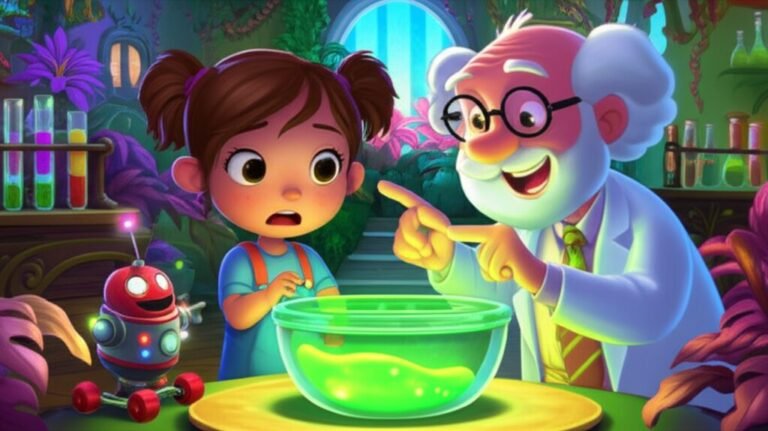 História Infantil A Aventura da Gosma Brilhante e o Nariz Curioso de Amélia, mostrando a menina Amélia, o Professor Sabichão e o robô Faísca em um laboratório-jardim peculiar, observando uma gosma brilhante.