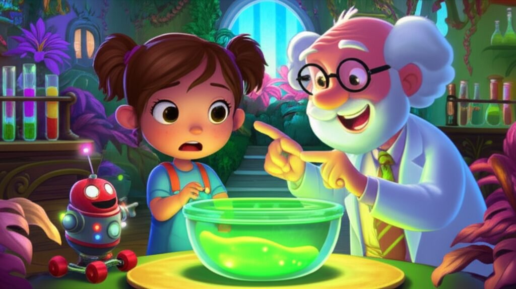História Infantil A Aventura da Gosma Brilhante e o Nariz Curioso de Amélia, mostrando a menina Amélia, o Professor Sabichão e o robô Faísca em um laboratório-jardim peculiar, observando uma gosma brilhante.
