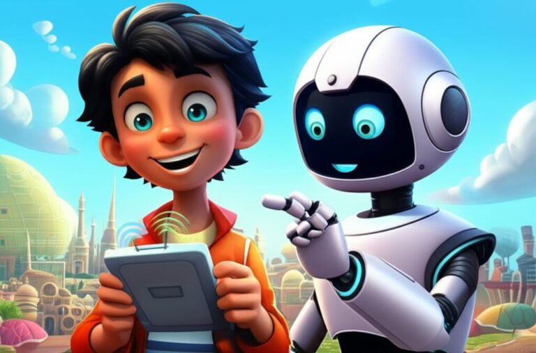 Imagem de capa da História Infantil A Sinfonia Secreta de Bento, O Maestro dos Nomes, mostrando o inventor Bento com sua robô Lírio em Harmonia Sonora, ilustrando a busca pelas melodias ocultas nos nomes próprios.