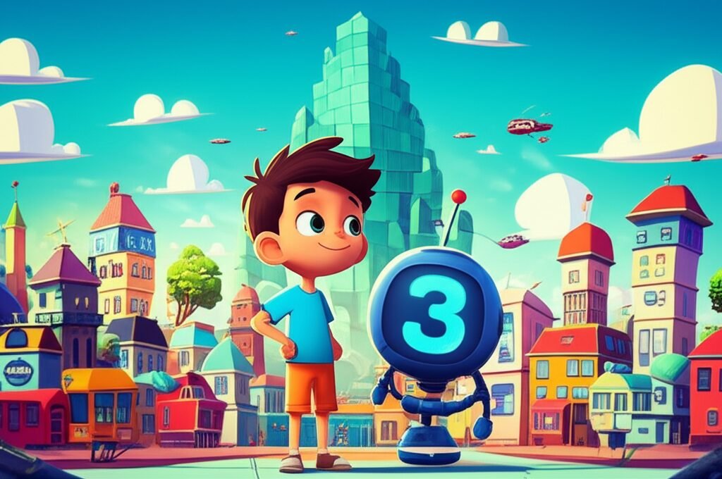 História Infantil A Grande Aventura Numérica de Léo e o Robô Curioso, mostrando o menino Léo e o robô Bits em Numerópolis, uma cidade futurista com estruturas geométricas, enfatizando a temática de números e aventura.