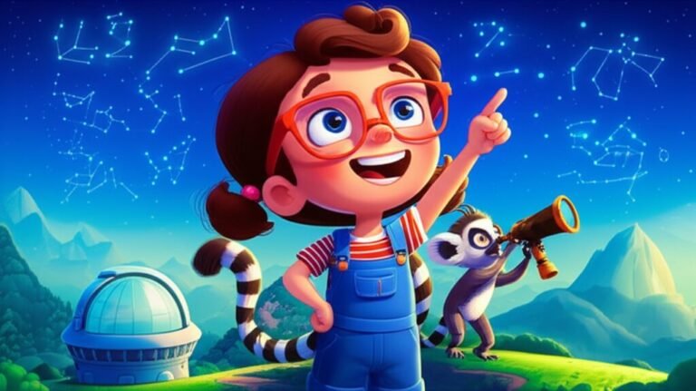 História Infantil sobre Números: Ilustração vibrante de Lia, uma menina cientista, e Kiko, um lêmure, em um observatório futurista, prontos para uma aventura interdimensional.