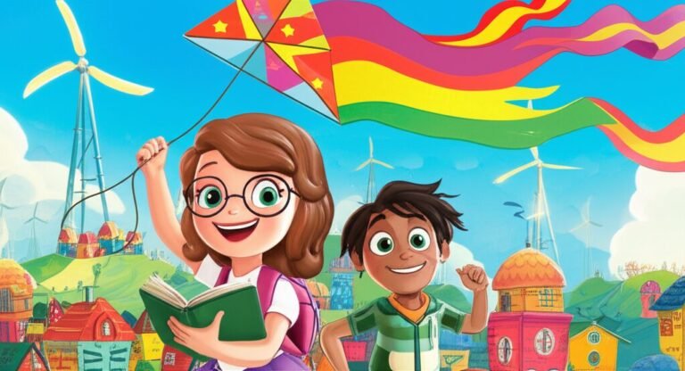 História Infantil sobre o ar: A Grande Respirada de Sofia e Bento. Imagem mostra a menina Sofia e o menino Bento sorrindo, com uma pipa gigante no céu, e ao fundo, estruturas de cataventos coloridos girando em uma cidade vibrante, representando a purificação do ar.