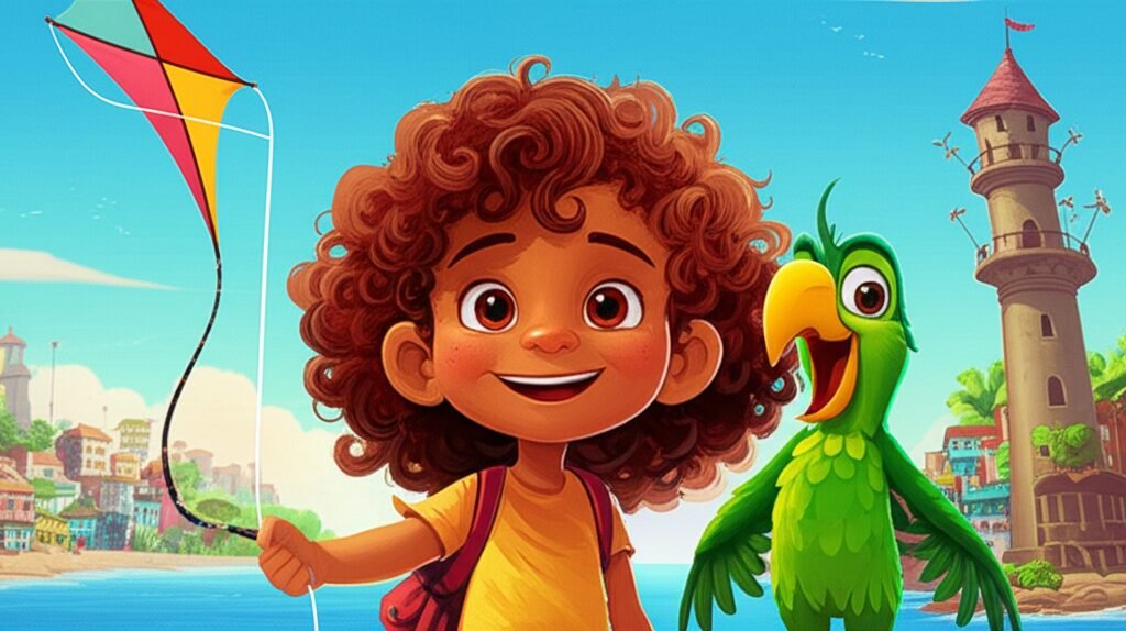 Ilustração vibrante da História Infantil sobre o ar, mostrando a menina Lili e seu papagaio Fael em uma cidade costeira com cataventos, representando a aventura do vento.