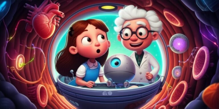 Imagem da História Infantil A Grande Jornada da Mini-Dra. Alice, com personagens explorando o corpo humano em uma nave futurista, perfeita para crianças curiosas e amantes da ciência.