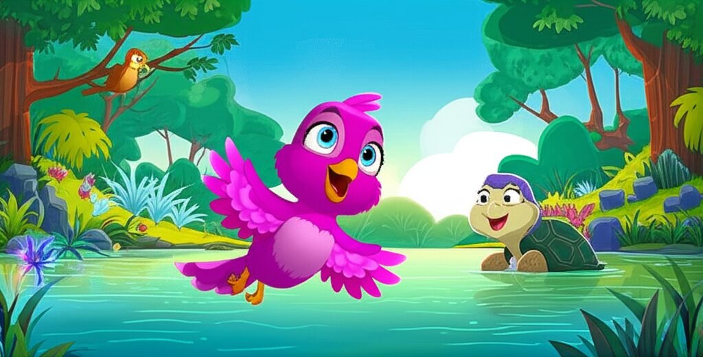 História Infantil sobre O Patinho Feio: O Enigma da Penugem Roxa. Ilustração de Pipoca, um pássaro roxo, voando em uma lagoa com Dona Jovina, a jabuti, e Tiago, o sabiá.
