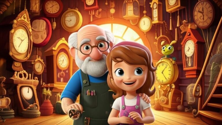 História Infantil: Imagem de Sofia, Mestre Horácio e o relógio Tic-Tac em um ateliê de relógios antigos, refletindo a aventura de descobrir o significado do tempo.