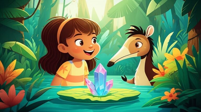 História Infantil O Segredo da Floresta Sussurrante: Aline e Tico, a menina e o tamanduá, em uma floresta mágica com um cristal brilhante.