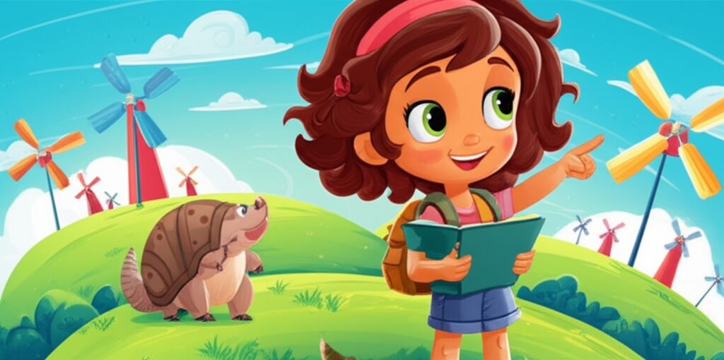 Uma imagem vibrante da História Infantil O Segredo Invisível do Vilarejo Ventania, com a menina Sofia e o tatu Rolando explorando as colinas do Vilarejo Ventania.