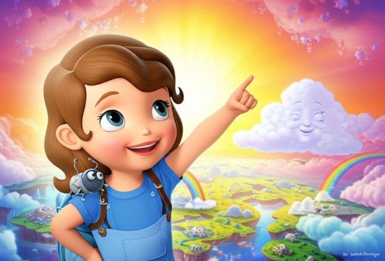 História Infantil O Enigma da Luz Perdida e a Pequena Sofia: Imagem de Sofia, Bartolomeu e a nuvem Celeste descobrindo o sol verdadeiro em uma paisagem aérea.