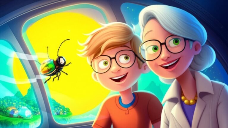 História Infantil O Misterioso Brilho de Aurora, com Léo, Professora Sofia e o besouro Faísca em uma nave solar explorando o céu, com a Ilha Flutuante Céu Brilhante ao fundo.