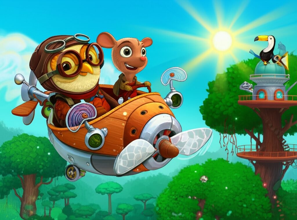 Ilustração da História Infantil sobre o Sol: O Mistério da Luz Dourada de Astrogildo, com personagens carismáticos explorando o céu a bordo de uma máquina voadora para restaurar o brilho solar.