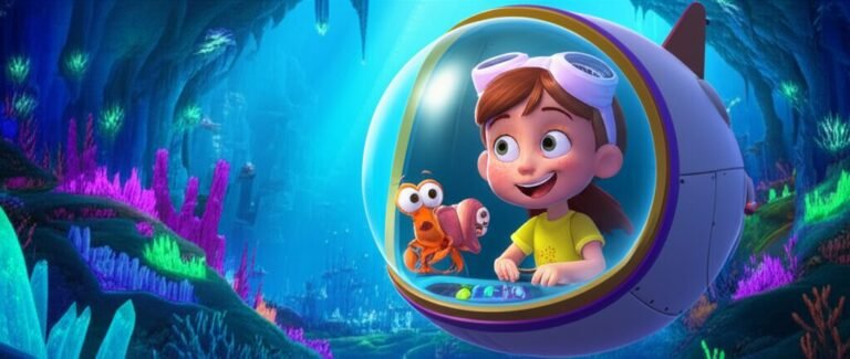 História Infantil sobre a obediência, mostrando a personagem Dália em seu submarino explorando uma caverna subaquática, enquanto seu amigo caranguejo Bento a observa, ilustrando a aventura na cidade de Coralina.