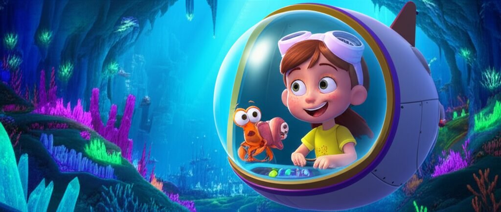 História Infantil sobre a obediência, mostrando a personagem Dália em seu submarino explorando uma caverna subaquática, enquanto seu amigo caranguejo Bento a observa, ilustrando a aventura na cidade de Coralina.