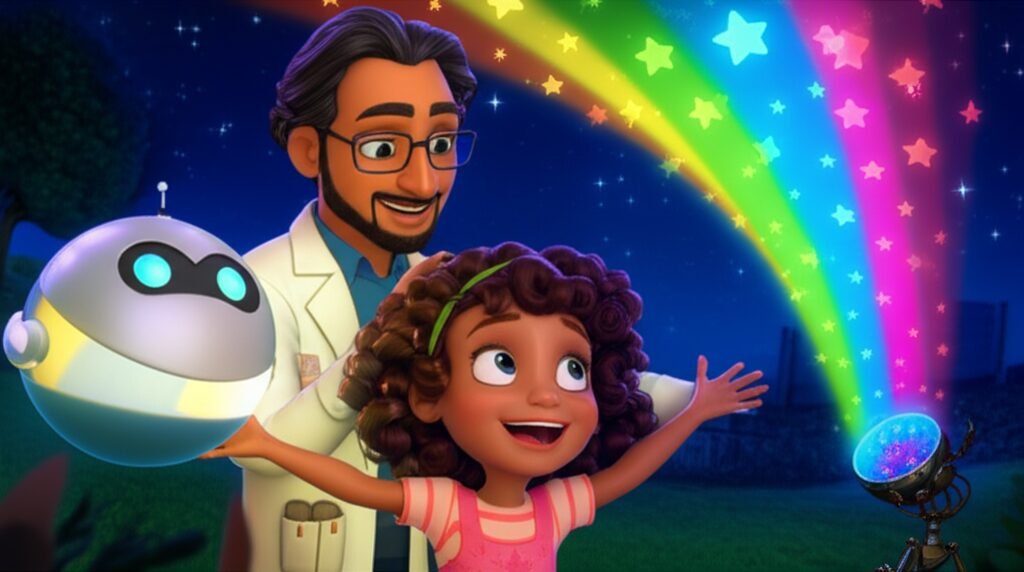 Uma ilustração da História Infantil O Inventor de Sonhos Estrelados, com Sofia e seu pai, Doutor Aurélio, em seu quintal, observando estrelas cadentes projetadas.