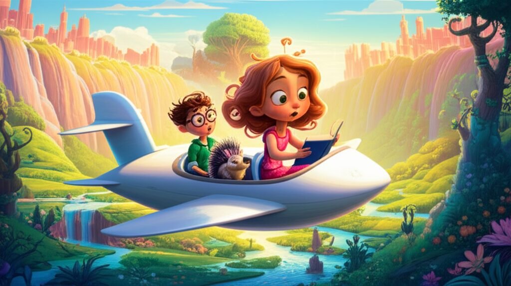 Imagem vibrante da História Infantil sobre Paz interior: A Jornada de Aurora e o Sussurro do Vale Escondido, apresentando a jovem Aurora e o ouriço Guilherme explorando um vale sereno.