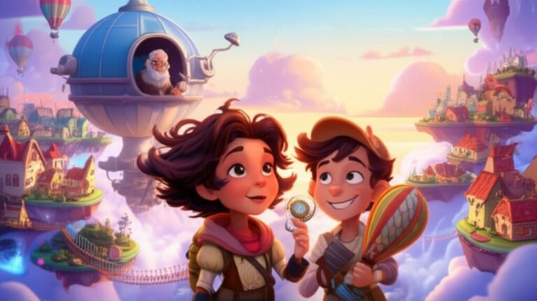História Infantil sobre Paz e Resolução Pacífica: A Sinfonia Silenciosa da Cidade Flutuante. Imagem vibrante de Luna e Pedro na Cidade Flutuante de Nuvem Dourada, aprendendo a colaborar.