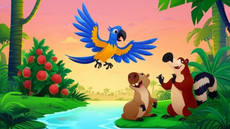 Ilustração da História Infantil A Sinfonia Silenciosa do Vale Sereno, apresentando a arara Capitu, a capivara Jaci e o tamanduá Tupã em um cenário de floresta tropical, simbolizando paz e resolução de conflitos.