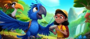 História Infantil sobre Paz: Ilustração colorida da arara Afonso, da geóloga Lígia e do urubu-rei Caetano no Vale Cintilante, simbolizando cooperação e harmonia.