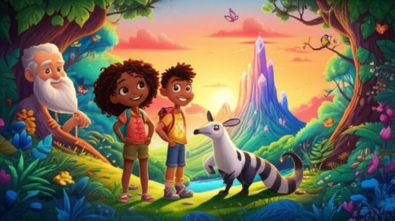 História Infantil sobre Paz: Ilustração de Lara, Joca (tamanduá-bandeira) e Professor Gaspar no Vale Cintilante, celebrando a paz e a amizade.
