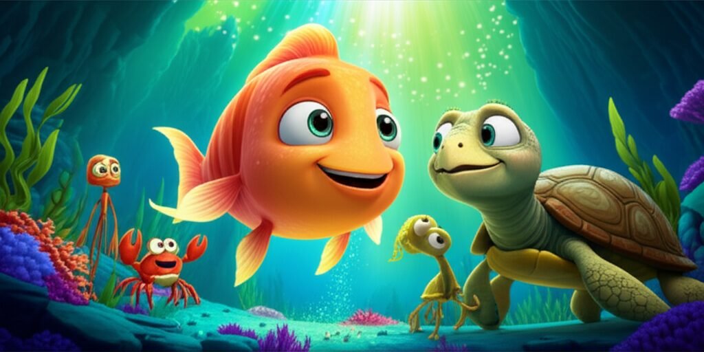 História Infantil: Ilustração do peixe Pipoca, da tartaruga Dona Jurandira e do caranguejo Cadu em uma jornada no oceano profundo, cercados por plânctons bioluminescentes.