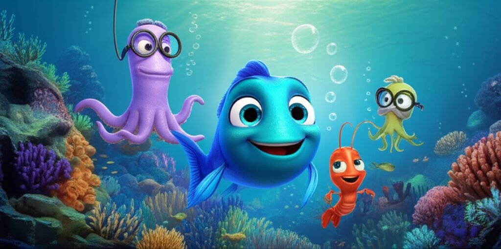 História Infantil sobre Peixe: O Mistério do Brilho Prateado. Ilustração de Marina, Professor Gilberto e Beto explorando um recife de coral.