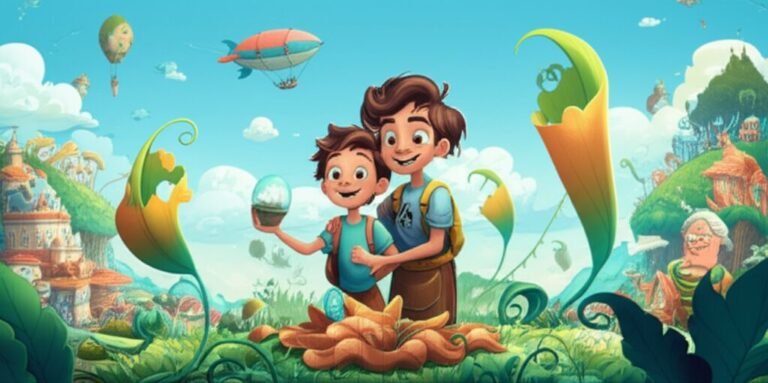 História Infantil sobre Perdão: A Dança dos Ventos e o Coração Aberto de Ventânia, mostrando Ariel e Bento juntos em Ventânia.