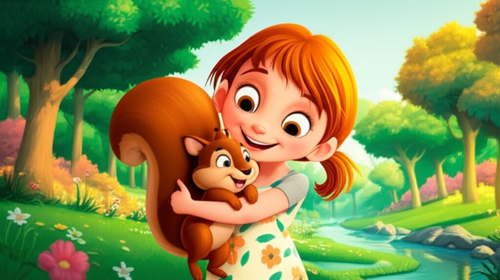 Uma ilustração da História Infantil A Melodia do Coração de Flora, mostrando a garotinha Flora abraçando o esquilo Tico em uma floresta verde vibrante. A imagem simboliza a amizade e o perdão.