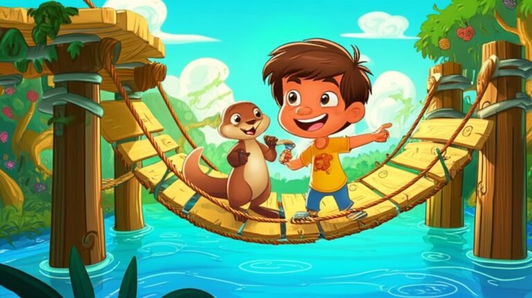História Infantil sobre Persistência: Ilustração de Tomás e Corisco na ponte flutuante que construíram no Rio Estrela, representando a superação e a persistência.