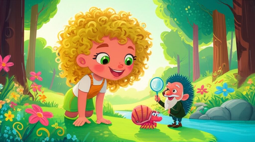 História Infantil sobre piolhos, mostrando a menina Flora, o caranguejo Bento e o ouriço Professor Giramundo em uma aventura capilar, focando em higiene e descoberta.