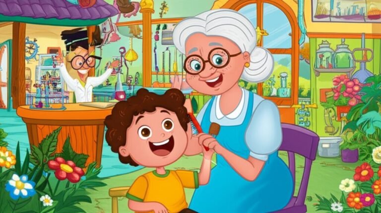 História Infantil: Uma ilustração de Pedro, Vovó Aurora e Professor Sabichão durante a aventura do Pente Curioso para lidar com piolhos, mostrando a importância do cuidado e do apoio familiar.