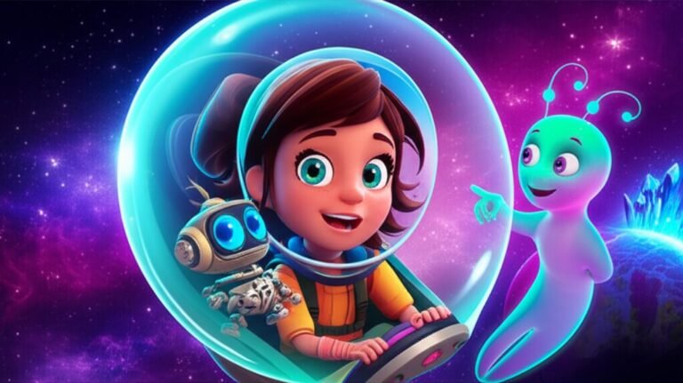 História Infantil sobre Planetas e Espaço: A Expedição Musical de Luna, mostrando a menina Luna e seu robô Robi explorando o espaço em seu veículo, ao lado do alienígena Zixo.