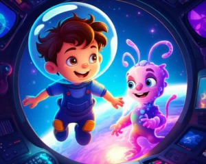 História Infantil sobre Planetas e Espaço: Ilustração de Léo e Zuri a bordo de sua nave, Aventureira, observando um planeta de cristais.