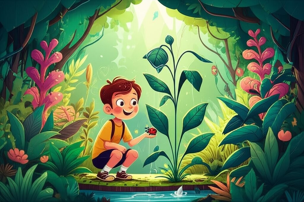 História Infantil sobre Plantas: Heitor, a planta Flora e a joaninha Belinha exploram um jardim secreto, destacando a aventura e o cuidado com a natureza.