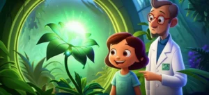 História Infantil sobre plantas: Luna e o Professor Benício observam a Flor Cintilante no Jardim do Tempo, destacando a descoberta e o amor pela natureza.