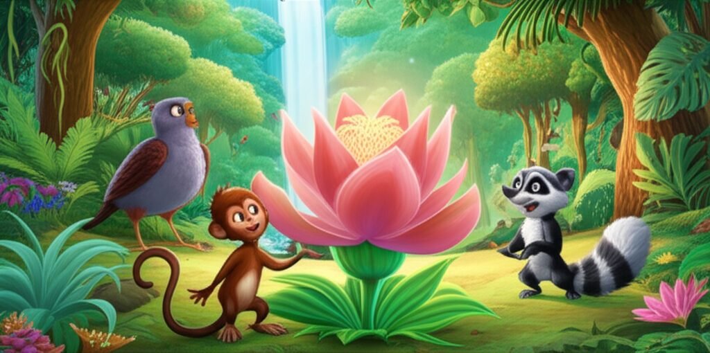 Ilustração colorida da História Infantil sobre a primavera, mostrando Téo, o macaco, Juca, o guaxinim, e Dona Cotovia, a cotovia, admirando a Flor Cantante em um jardim vibrante.