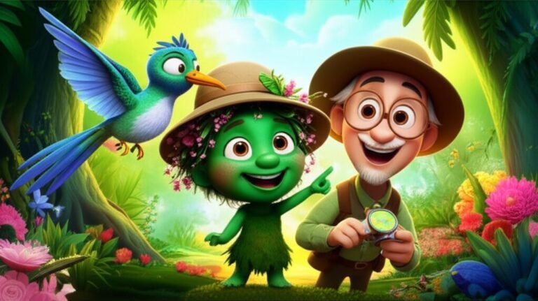 História Infantil: Lili, Ciro e Professor Olívio celebrando a primavera na Floresta dos Sussurros Verdes, com flores coloridas e um riacho de luz dourada.
