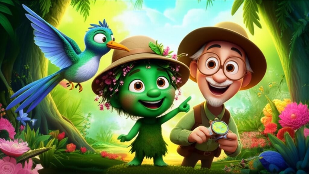 História Infantil: Lili, Ciro e Professor Olívio celebrando a primavera na Floresta dos Sussurros Verdes, com flores coloridas e um riacho de luz dourada.