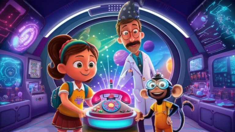 História Infantil: Ilustração de Nina, o macaco Kiko e o Professor Bóris em um laboratório escolar futurista, interagindo com um telefone intergaláctico. A imagem evoca os primeiros dias na escola, amizade e descoberta.