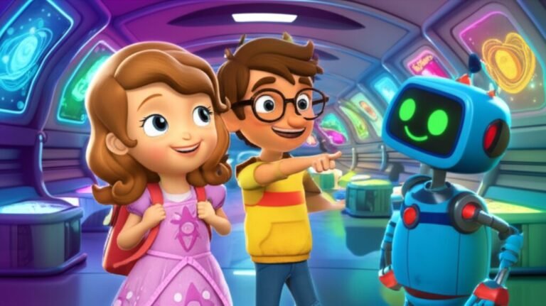 História Infantil: Ilustração dos personagens Sofia, Leo e Robô Zezé explorando os corredores coloridos da Escola Estrela Guia em seu primeiro dia de aula, representando a alegria de novos começos e amizades.