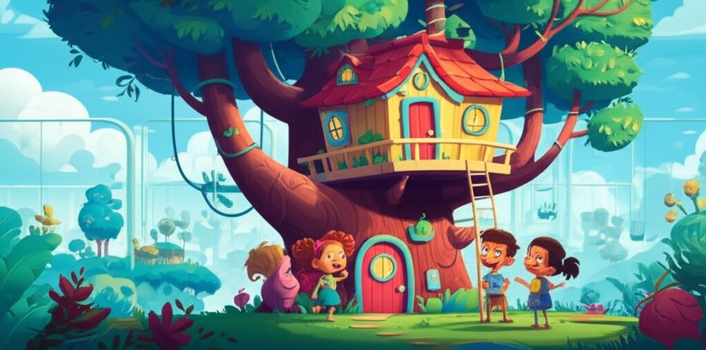 Imagem de capa da História Infantil O Segredo da Casinha na Árvore, mostrando duas crianças perto de uma casinha na árvore e uma terceira menina se aproximando em uma cidade futurista.