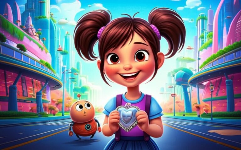 História Infantil sobre privacidade, mostrando a garota Jasmim, o Professor Sabichão e o robozinho Pipoca na cidade futurista de Serenidade Digital.