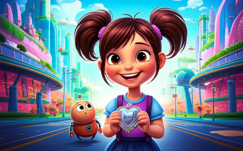 História Infantil sobre privacidade, mostrando a garota Jasmim, o Professor Sabichão e o robozinho Pipoca na cidade futurista de Serenidade Digital.