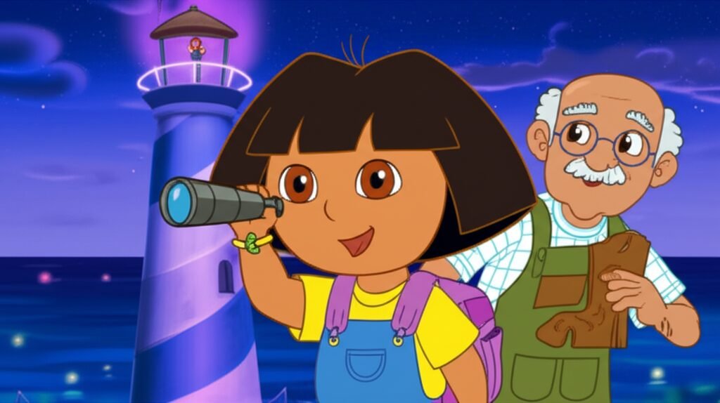 História Infantil sobre Profissões: Imagem colorida de uma menina, um carpinteiro e uma bióloga marinha em um cenário de farol e mar estrelado, representando a aventura de Dora e a beleza das diferentes profissões.