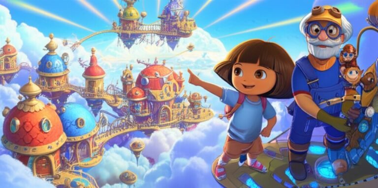 História Infantil sobre profissões: uma vista da Cidade Flutuante de Aerovila com os personagens Dora, Capitão Bartolomeu e Luna, ilustrando a diversidade de profissões e o trabalho em equipe.