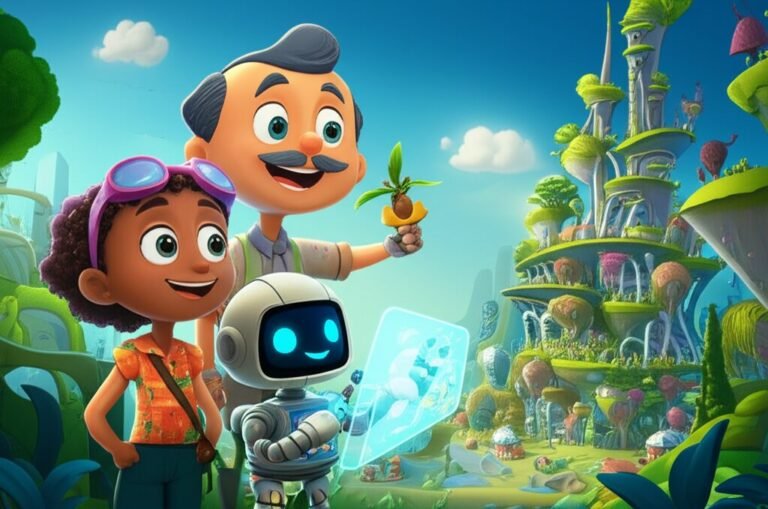 História Infantil sobre profissões do futuro na cidade de Aerolândia, mostrando a robô Luna, o professor Vicente e a exploradora Rafaela trabalhando juntos para purificar o ar.