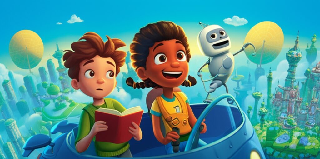 História Infantil sobre Profissões do Futuro: Ilustração de Leo, Maya e Pipoca voando em uma nave sobre a cidade flutuante AeroVila, com painéis solares ao fundo. A imagem transmite aventura e inovação, refletindo o tema das futuras profissões.