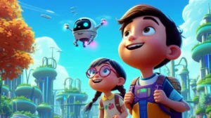 História Infantil sobre Profissões do Futuro: Ilustração vibrante de Léo, Aurora e o drone Chip em uma cidade futurista e verde, simbolizando a exploração de novas profissões conectadas à tecnologia e natureza.