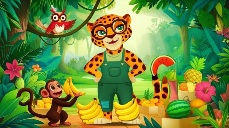História Infantil sobre Quantidades: Ilustração colorida de Dona Onça Pintada Jurema, Macaco Pipoca e Coruja Professora Sabichona, organizando pilhas de frutas tropicais em uma floresta vibrante.