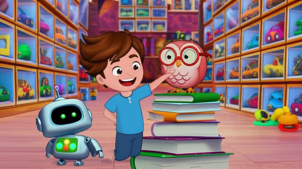 Imagem da História Infantil O Grande Desafio do Armazém dos Brinquedos, mostrando um menino, uma coruja e um robô em um armazém colorido cheio de brinquedos, ilustrando a temática de quantidades e organização para crianças.