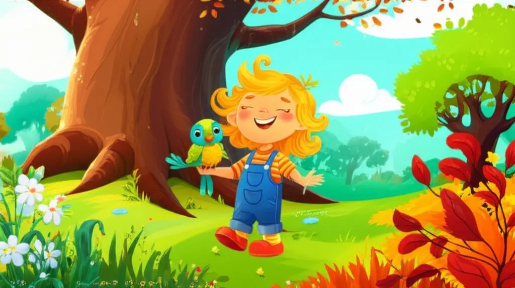 História Infantil A Dança dos Ventos e as Cores do Tempo, mostrando a jardineira Florinda e o passarinho Bento em um jardim mágico que representa as quatro estações.